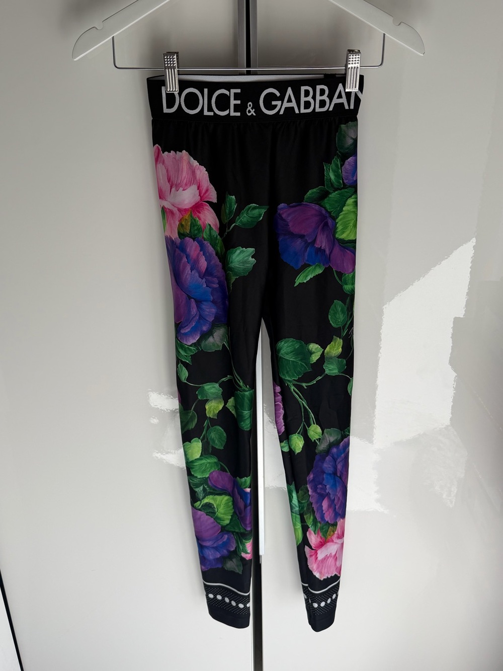 Dolce & Gabbana Black Leggings with Purple & Pink Floral Print
